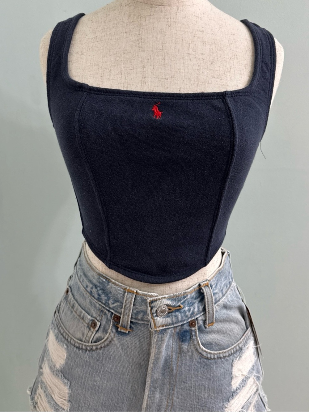 Y2K Ralph Lauren Polo Custom Corset Bustier Top Navy Blue XS